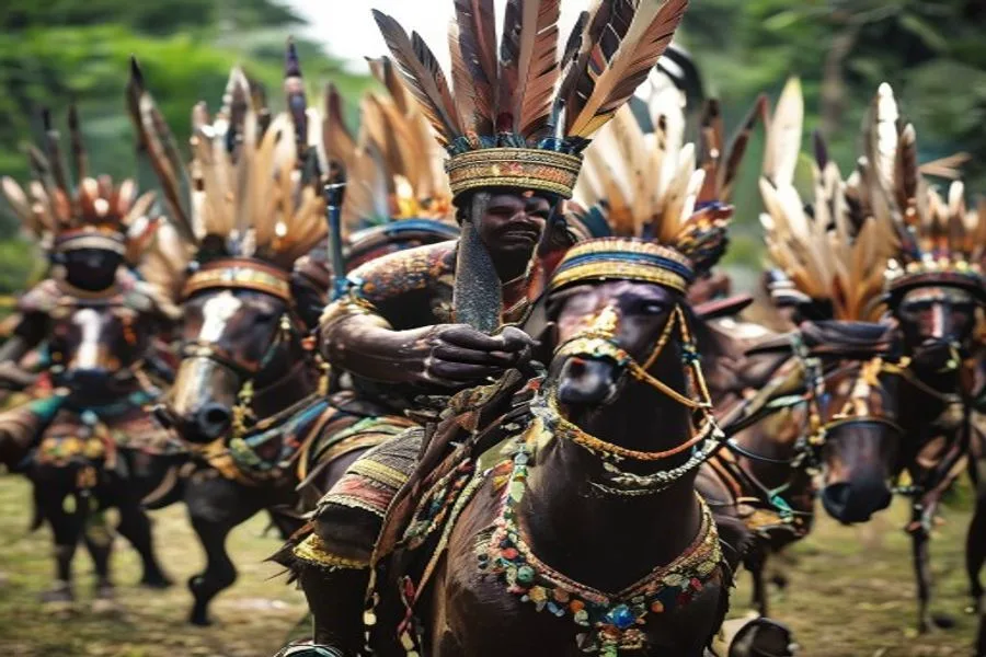 Pasola horsemen hurling spears during the annual Sumba festival