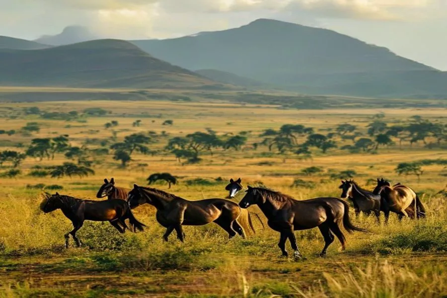 Wild Sandalwood horses galloping through golden savannah in East Sumba