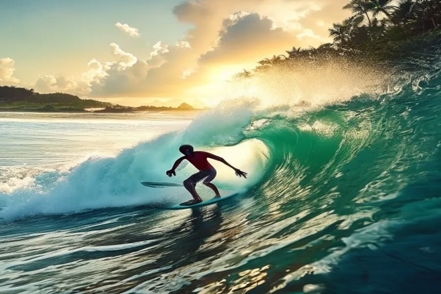 Surfer on a powerful wave at Kodi beach, West Sumba